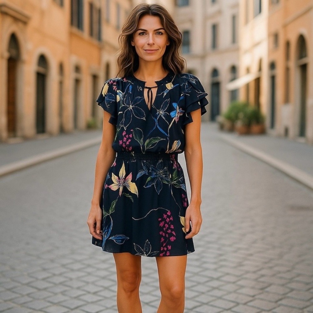 Parker Cosmic Fleur Blue with Tropical Floral Print Short Sleeve Mini Dres